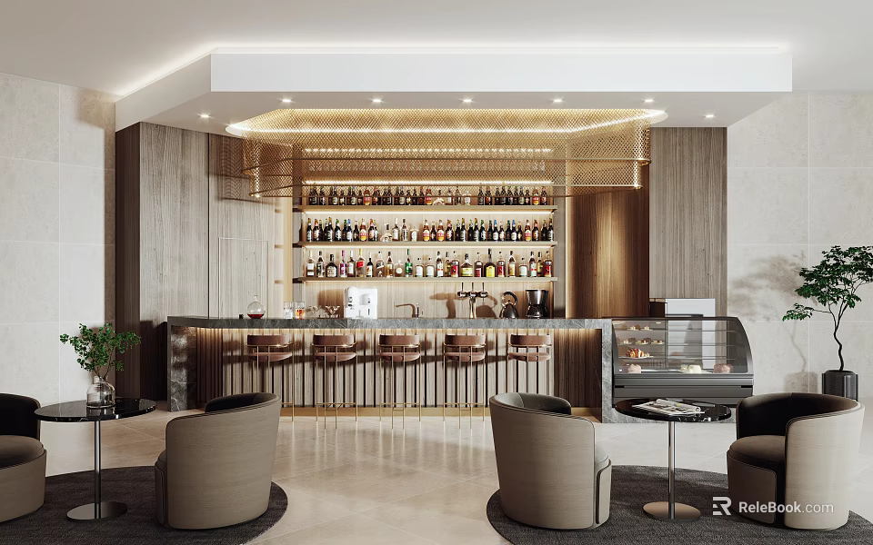 Modern Bar Interior With Wine Racks Bar Stools Hanging Lights And Seating Area 3d model 