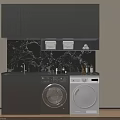 Modern Kitchen Space With Gray Cabinets Black Marble Backsplash Washing Machine And Dryer
