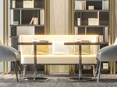 Stylish Gray Leisure Chairs With Beige Sofa Dark Bookcases And Soft Lighting In Living Area 3d model