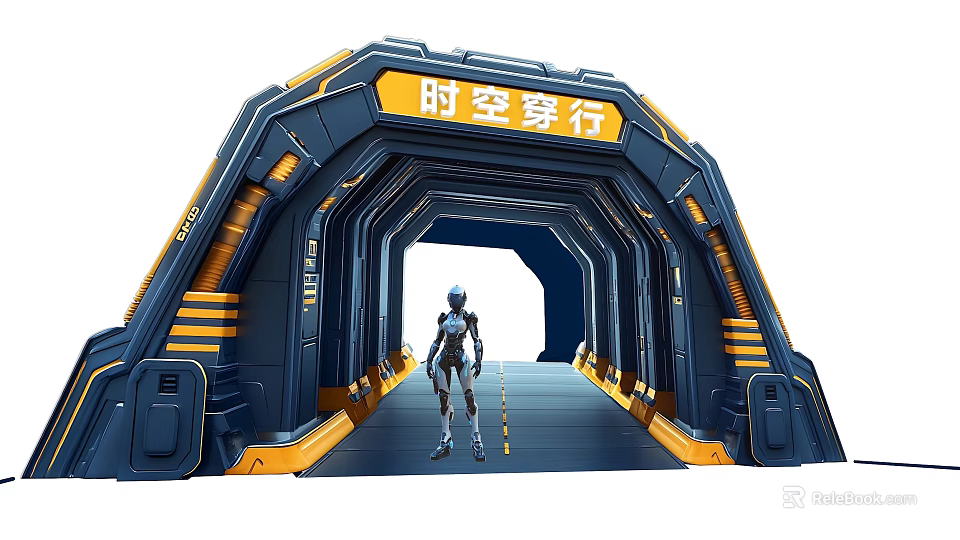 Futuristic Event Entrance With Time Travel Theme Blue Yellow Tunnel And Sci Fi Figure 3d model 