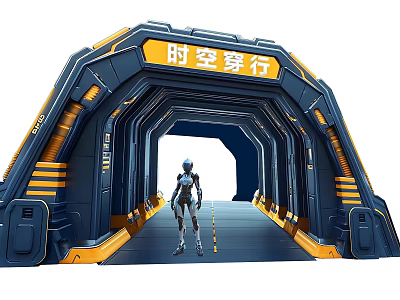 Futuristic Event Entrance With Time Travel Theme Blue Yellow Tunnel And Sci Fi Figure 3d model