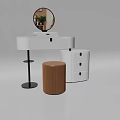 Modern White Dressing Table Featuring Round Mirror Brown Stool And Storage Drawers 3d model