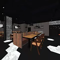Modern Restaurant Interior With Pendant Lights Wooden Tables Gray Chairs And Geometric Tiles