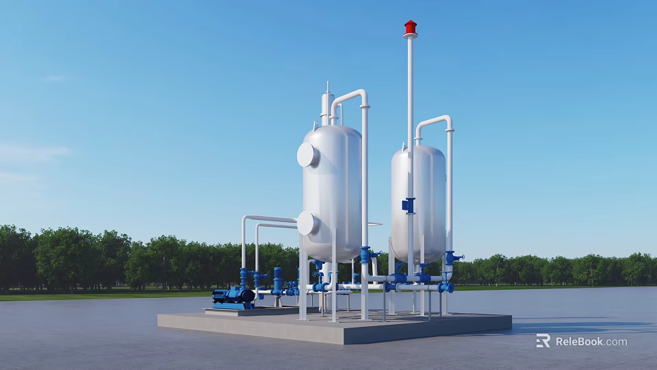 Industrial Plant With Large Silver Tanks Pipes Blue Equipment On Concrete Platform And Green Trees 3d model 