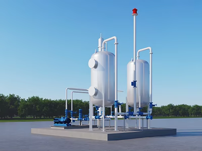 Industrial Plant With Large Silver Tanks Pipes Blue Equipment On Concrete Platform And Green Trees 3d model