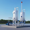 Industrial Plant With Large Silver Tanks Pipes Blue Equipment On Concrete Platform And Green Trees