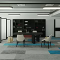Modern Office Interior Design With Meeting Table Chairs Bookshelf Sofa And Patterned Carpet