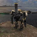 Intelligent Machine with Mechanical Legs Stands on Rocky Shore Near Water Under Cloudy Sky