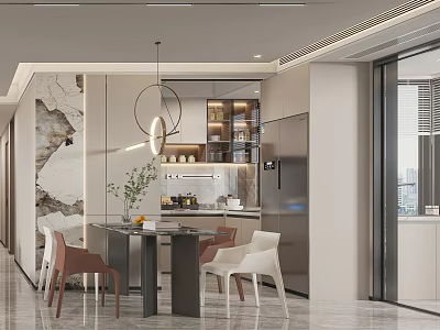 Modern Restaurant Interior Design With Dining Table Chairs Pendant Light Marble Wall Open Layout 3d model