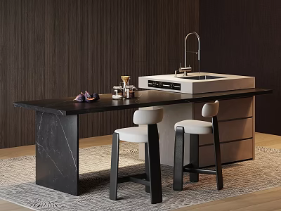 Modern Black Marble Top Bar Counter With Two Bar Stools Sink Faucet Dark Striped Wall 3d model