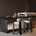 Modern Black Marble Top Bar Counter With Two Bar Stools Sink Faucet Dark Striped Wall