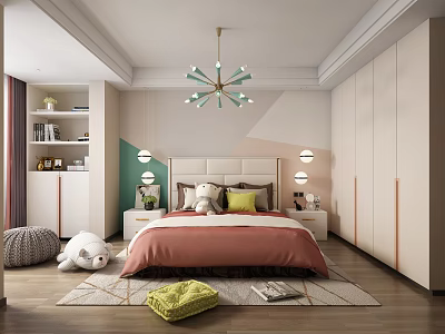 Kids Bedroom With Pink Bed Beige Wardrobes Green Chandelier Colorful Walls Rug And Plush Toy 3d model