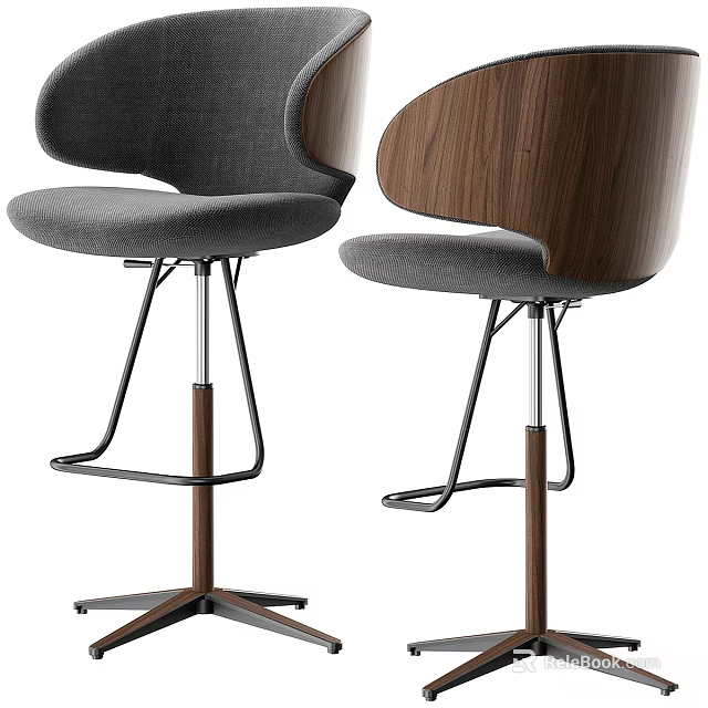 Modern Style Bar Stools Featuring Walnut Wood Backrest Grey Padded Seat And Metal Support Legs 3d model 