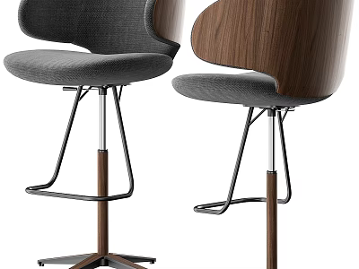 Modern Style Bar Stools Featuring Walnut Wood Backrest Grey Padded Seat And Metal Support Legs 3d model
