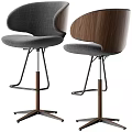 Modern Style Bar Stools Featuring Walnut Wood Backrest Grey Padded Seat And Metal Support Legs