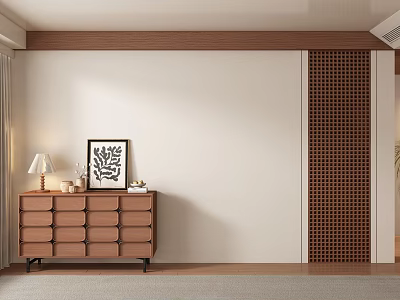 Modern Sofa Background Wall Interior With Wooden Dresser And Table Lamp Decor 3d model