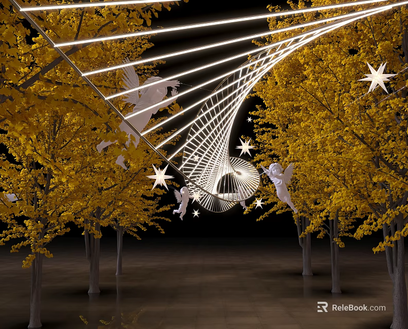 Art Installation With White Line Structure Star Decorations And Angel Sculptures Among Yellow Trees 3d model 