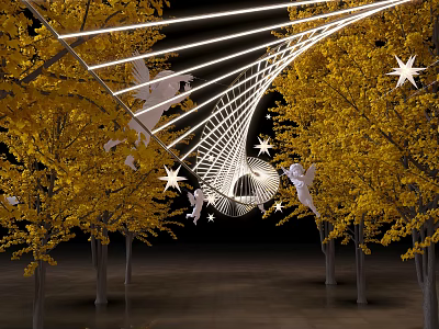 Art Installation With White Line Structure Star Decorations And Angel Sculptures Among Yellow Trees 3d model