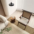Modern Natural Living Room Interior With Sofa Wooden Coffee Table Rattan Chair And Slatted Wall