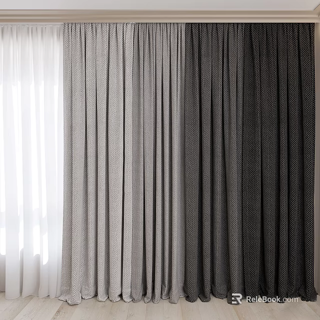 Modern Double Layer Gray Fabric Curtains With Sheer And Light Blocking Pleated Design 3d model 