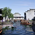 Traditional Chinese Commercial Landscape With White Walls Black Tiles Water Pond Green Plants And Pedestrians