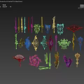 Various Fantasy Weapons Collection Featuring Swords Fans Staffs Shields And Ornate Designs