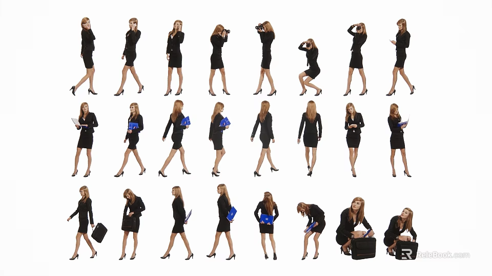 Business Women In Black Suits With Different Poses And Briefcases 3d model 