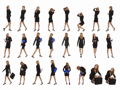 Business Women In Black Suits With Different Poses And Briefcases 3d model