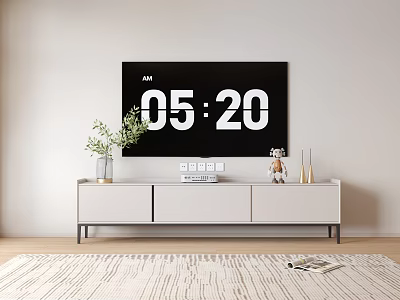 White TV Stand With TV Potted Plant And Decorative Items In Minimalist Room 3d model