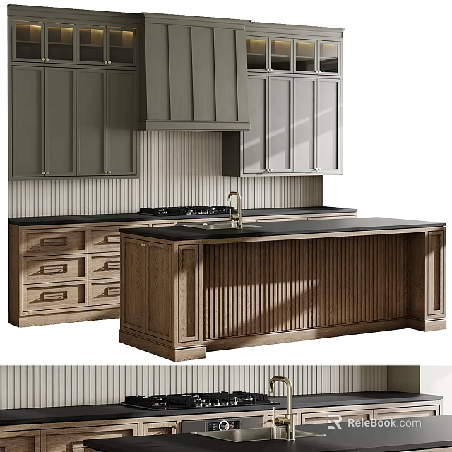 Gray Modern Kitchen Interior With Ribbed Island Cabinets And Black Countertop 3d model 