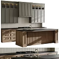 Gray Modern Kitchen Interior With Ribbed Island Cabinets And Black Countertop