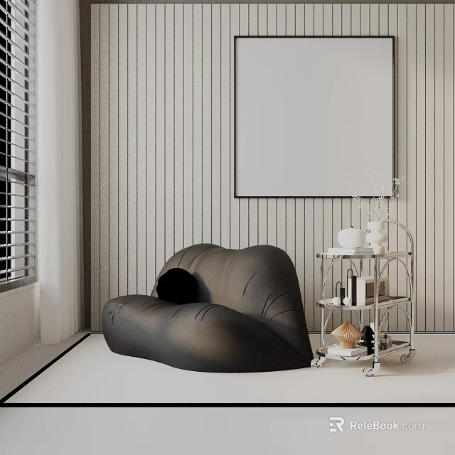 Black Lip Shaped Leisure Chair in Room with Vertical Striped Wall and Metal Trolley 3d model 