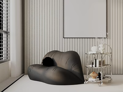 Black Lip Shaped Leisure Chair in Room with Vertical Striped Wall and Metal Trolley 3d model