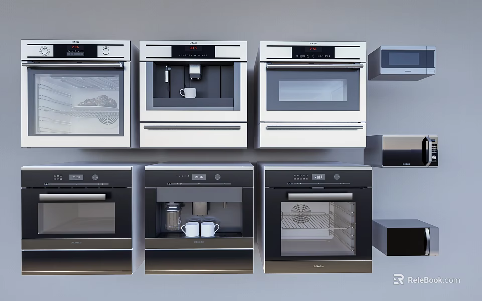 Modern Kitchen Appliances Display With White Black Ovens Microwaves And Coffee Makers 3d model 