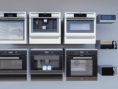 Modern Kitchen Appliances Display With White Black Ovens Microwaves And Coffee Makers 3d model