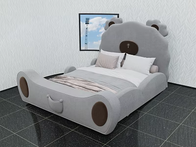 Gray Cartoon Bear Shaped Kids Bed with Soft Pillows and Brown Accents 3d model