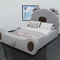 Gray Cartoon Bear Shaped Kids Bed with Soft Pillows and Brown Accents