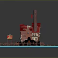 Cartoon Scene With Red Roof House Chimney And Wooden Walkway On Blue Platform