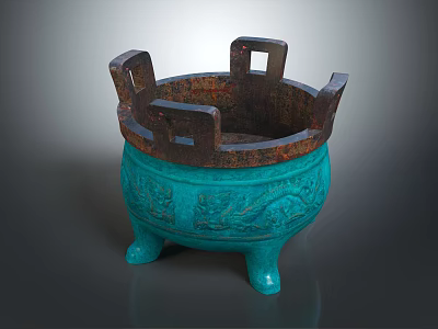 Antique Greenish Blue Bronze Tripod Featuring Dragon Patterns And Decorative Ears 3d model
