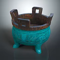 Antique Greenish Blue Bronze Tripod Featuring Dragon Patterns And Decorative Ears