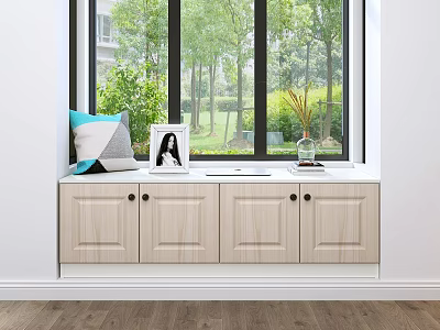 Bright Window Sill With Wooden Cabinet Pillow Photo Frame And Vase 3d model