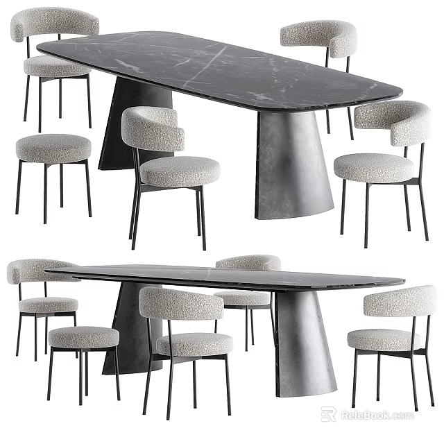 Modern Dining Table Set with Marble Top Metal Legs and Upholstered Chairs 3d model 