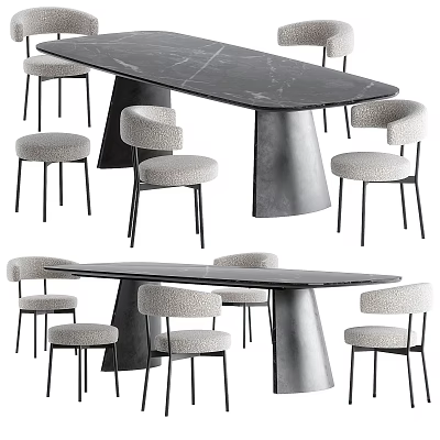 Modern Dining Table Set with Marble Top Metal Legs and Upholstered Chairs 3d model