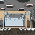 Kindergarten Activity Room Interior With Neatly Arranged White Chairs Hanging Spheres And Circular Ceiling Lights