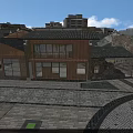 Traditional Ancient Architecture Exterior With Wooden Roof And Stone Paved Courtyard Area Design