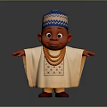 Cartoon Child with Red Blue White Hat White Robe Orange Necklaces Embroidered Chest Open Arms
