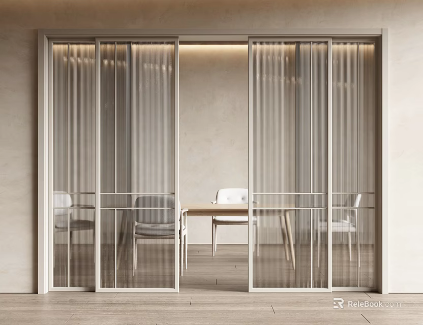 Modern Sliding Glass Doors With Vertical Stripes In Dining Area With Wooden Table And Chairs 3d model 