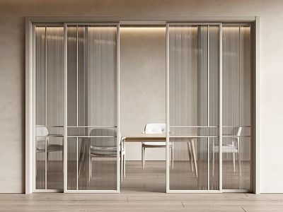 Modern Sliding Glass Doors With Vertical Stripes In Dining Area With Wooden Table And Chairs 3d model