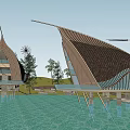 Boutique Hotel Architecture With Sail Like Roof Over Water Surrounded By Trees And Glass Walls