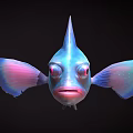 3D Rendered Colorful Fish with Big Eyes Blue and Pink Gradient Fins on Black Background